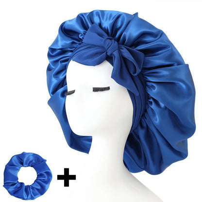 2pcs/Set "Spacious Space" Luxurious Solid Color Satin Bonnet With Satin Scrunchies Large Soft Silky Satin Bonnet For Sleeping Satin Hair Bonnet Night Cap Hair Care Hat With Tie Band Bonnets For Curly