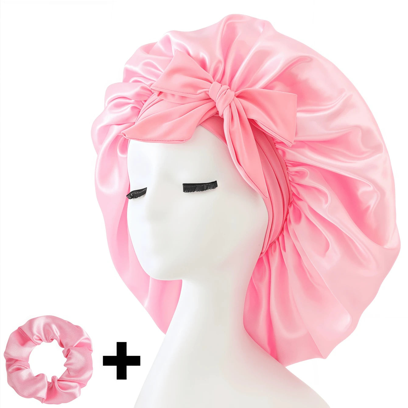 2pcs/Set "Spacious Space" Luxurious Solid Color Satin Bonnet With Satin Scrunchies Large Soft Silky Satin Bonnet For Sleeping Satin Hair Bonnet Night Cap Hair Care Hat With Tie Band Bonnets For Curly