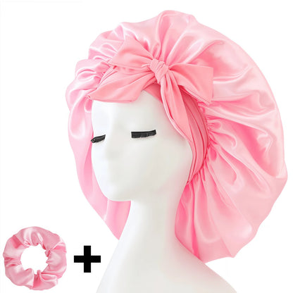 2pcs/Set "Spacious Space" Luxurious Solid Color Satin Bonnet With Satin Scrunchies Large Soft Silky Satin Bonnet For Sleeping Satin Hair Bonnet Night Cap Hair Care Hat With Tie Band Bonnets For Curly