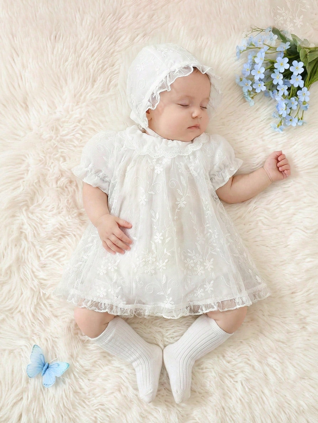 2pcs/Set Toddler Girls' Newborn Floral Collar Ruffle Hem Lace Princess Dress Lace Trim Hat White Sommer Party Cruise Baby Girl Baptism Outfit