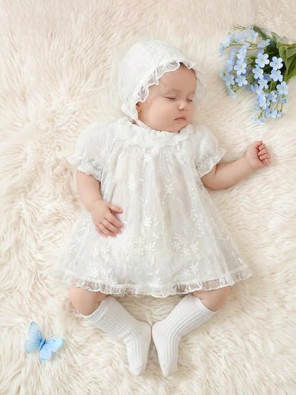 2pcs/Set Toddler Girls' Newborn Floral Collar Ruffle Hem Lace Princess Dress Lace Trim Hat White Sommer Party Cruise Baby Girl Baptism Outfit
