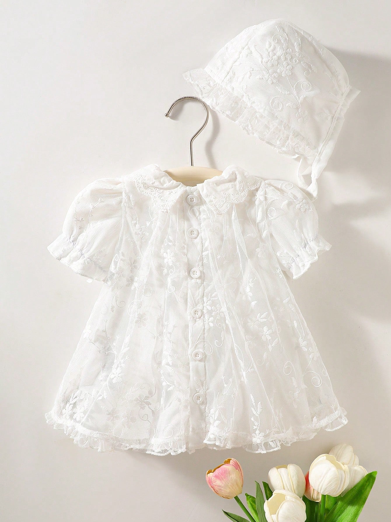 2pcs/Set Toddler Girls' Newborn Floral Collar Ruffle Hem Lace Princess Dress Lace Trim Hat White Sommer Party Cruise Baby Girl Baptism Outfit