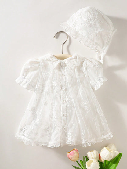 2pcs/Set Toddler Girls' Newborn Floral Collar Ruffle Hem Lace Princess Dress Lace Trim Hat White Sommer Party Cruise Baby Girl Baptism Outfit