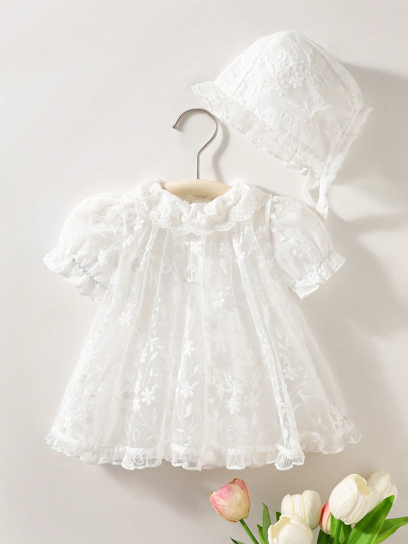2pcs/Set Toddler Girls' Newborn Floral Collar Ruffle Hem Lace Princess Dress Lace Trim Hat White Sommer Party Cruise Baby Girl Baptism Outfit