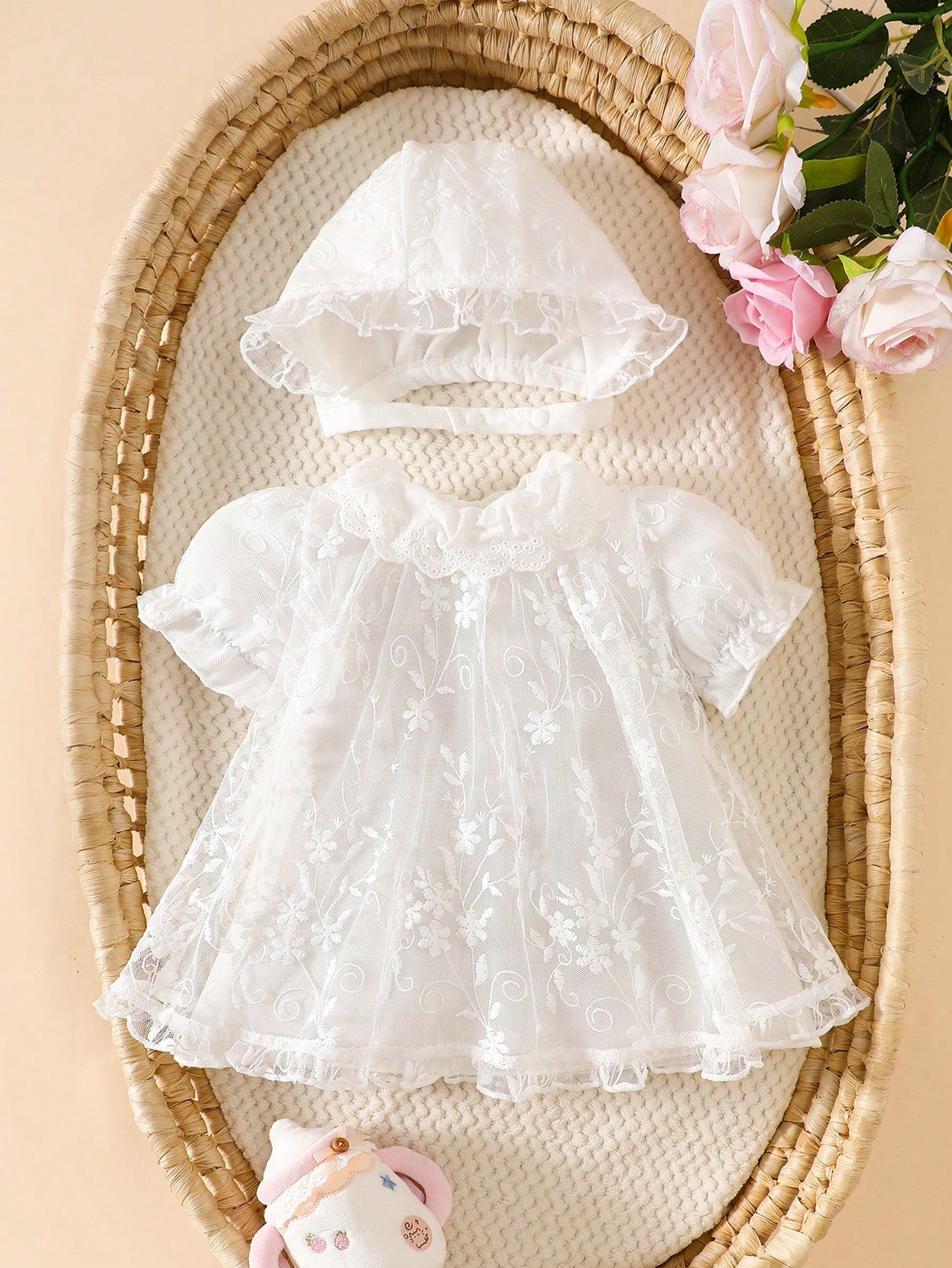 2pcs/Set Toddler Girls' Newborn Floral Collar Ruffle Hem Lace Princess Dress Lace Trim Hat White Sommer Party Cruise Baby Girl Baptism Outfit
