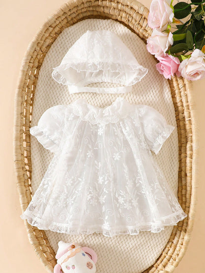 2pcs/Set Toddler Girls' Newborn Floral Collar Ruffle Hem Lace Princess Dress Lace Trim Hat White Sommer Party Cruise Baby Girl Baptism Outfit