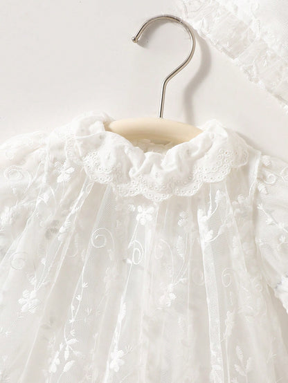 2pcs/Set Toddler Girls' Newborn Floral Collar Ruffle Hem Lace Princess Dress Lace Trim Hat White Sommer Party Cruise Baby Girl Baptism Outfit