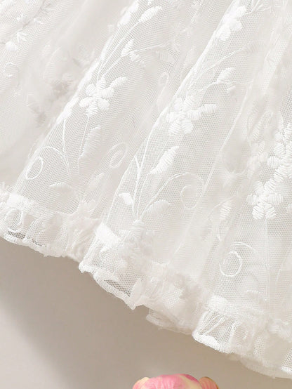 2pcs/Set Toddler Girls' Newborn Floral Collar Ruffle Hem Lace Princess Dress Lace Trim Hat White Sommer Party Cruise Baby Girl Baptism Outfit