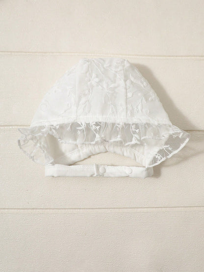 2pcs/Set Toddler Girls' Newborn Floral Collar Ruffle Hem Lace Princess Dress Lace Trim Hat White Sommer Party Cruise Baby Girl Baptism Outfit