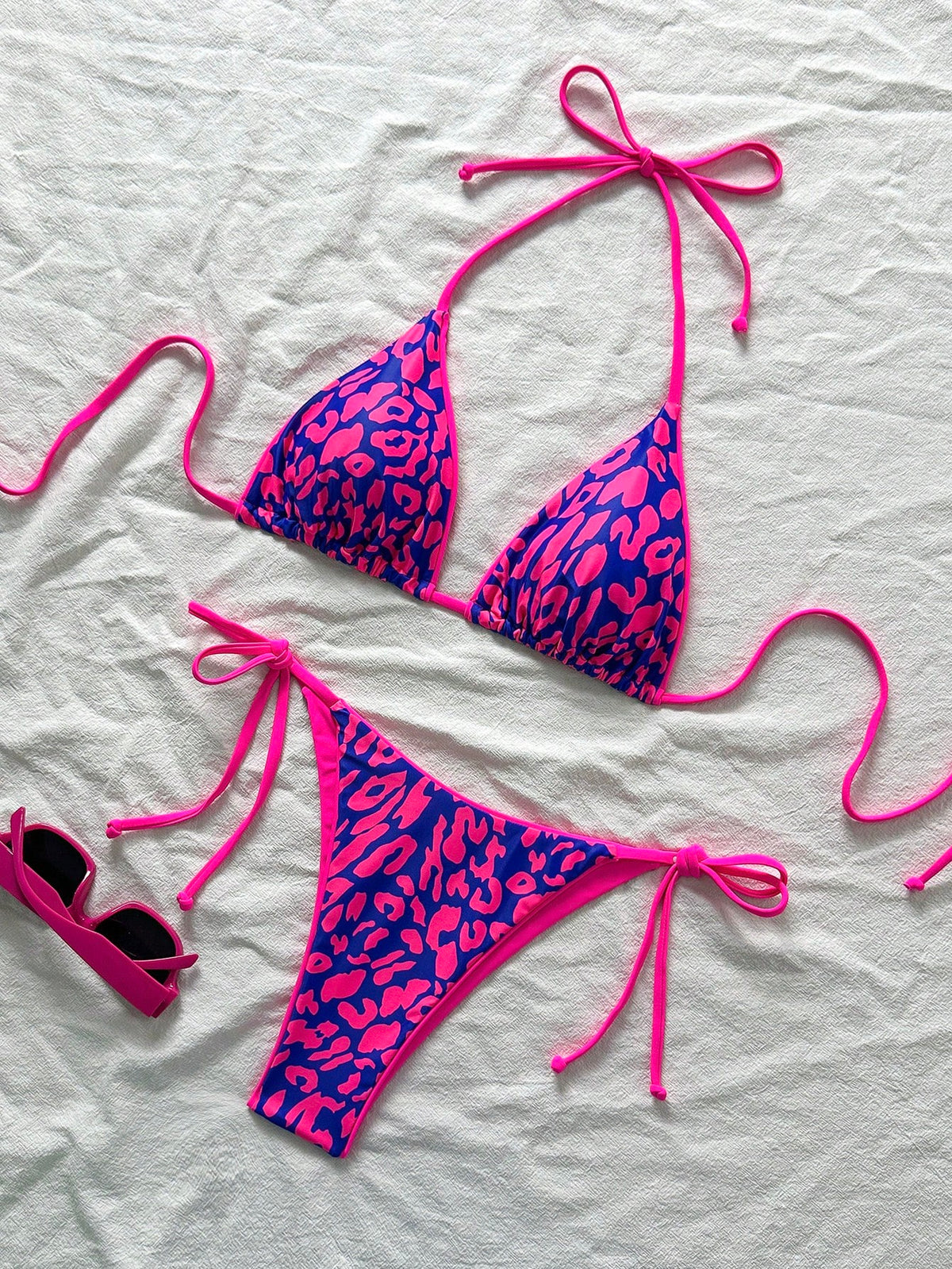 2pcs/Set Women Leopard Print Spaghetti Strap Tie Sexy Bikini Set, Suitable For Beach Vacation And Halloween Wear, Summer 2025