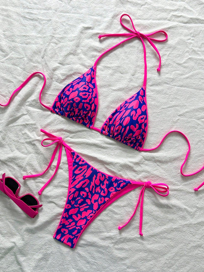 2pcs/Set Women Leopard Print Spaghetti Strap Tie Sexy Bikini Set, Suitable For Beach Vacation And Halloween Wear, Summer 2025