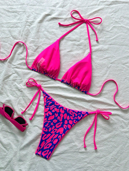 2pcs/Set Women Leopard Print Spaghetti Strap Tie Sexy Bikini Set, Suitable For Beach Vacation And Halloween Wear, Summer 2025