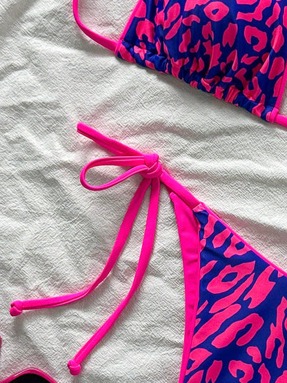 2pcs/Set Women Leopard Print Spaghetti Strap Tie Sexy Bikini Set, Suitable For Beach Vacation And Halloween Wear, Summer 2025