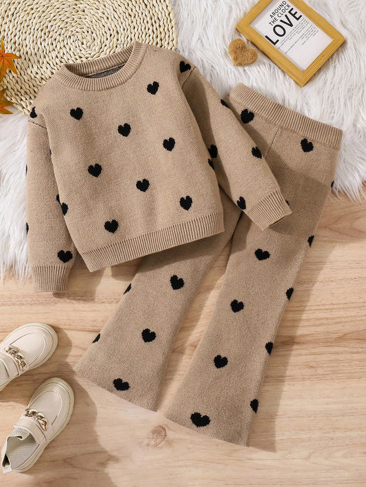 2pcs/Set Young Girl Round Neck Heart Pattern Loose Casual Top & Flared Pants Knitted Sweater Suit,In Fall/Winter