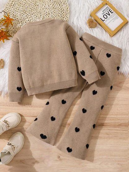 2pcs/Set Young Girl Round Neck Heart Pattern Loose Casual Top & Flared Pants Knitted Sweater Suit,In Fall/Winter