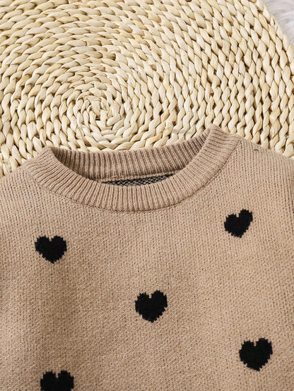 2pcs/Set Young Girl Round Neck Heart Pattern Loose Casual Top & Flared Pants Knitted Sweater Suit,In Fall/Winter