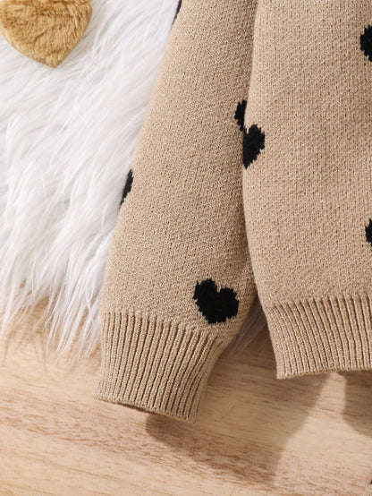 2pcs/Set Young Girl Round Neck Heart Pattern Loose Casual Top & Flared Pants Knitted Sweater Suit,In Fall/Winter