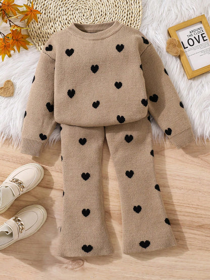 2pcs/Set Young Girl Round Neck Heart Pattern Loose Casual Top & Flared Pants Knitted Sweater Suit,In Fall/Winter
