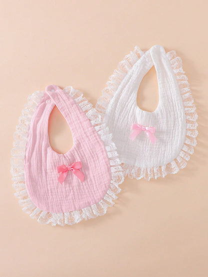 2pcs Soft Cotton Bibs, Drool Bibs, Baby Princess Lace Bow Decor, Newborn Essential
