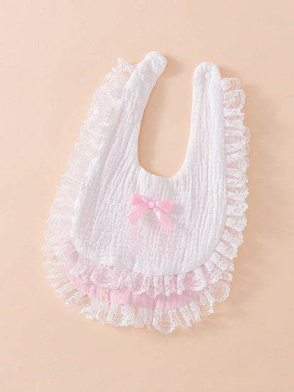 2pcs Soft Cotton Bibs, Drool Bibs, Baby Princess Lace Bow Decor, Newborn Essential