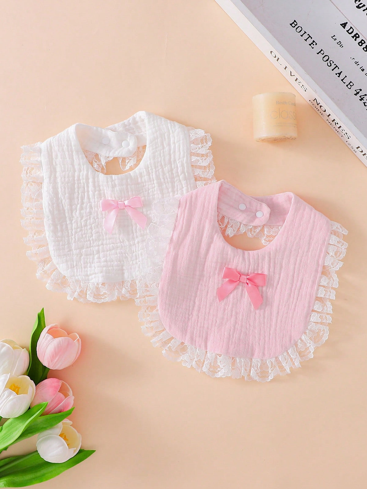 2pcs Soft Cotton Bibs, Drool Bibs, Baby Princess Lace Bow Decor, Newborn Essential