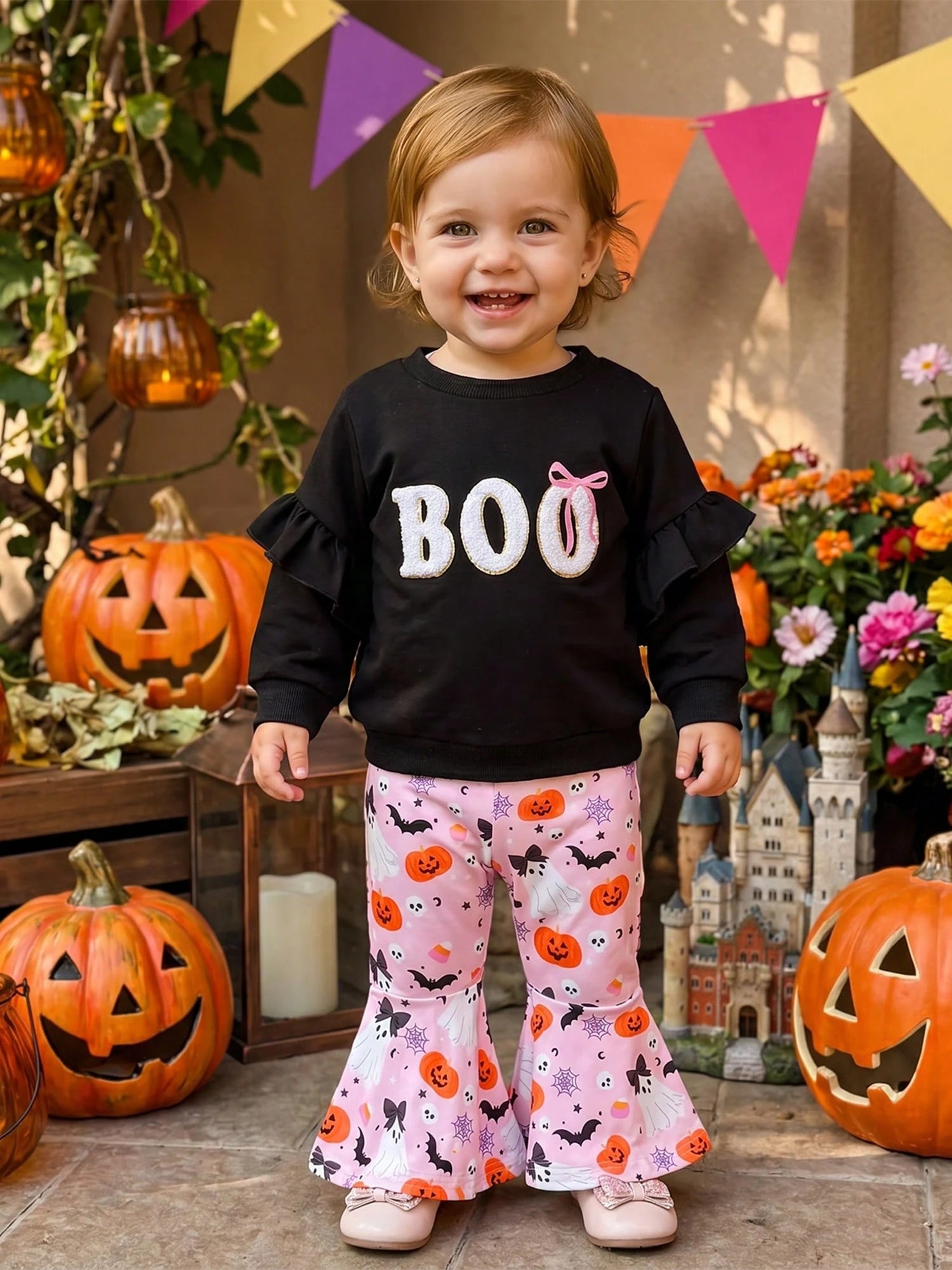 2pcs Toddler Baby Girls Christmas Outfits Pants Set Long Sleeve Sweatshirt Tops + Flare Trousers 9M 12M 18M 24M 3T 4T Kids Fall Casual Clothes