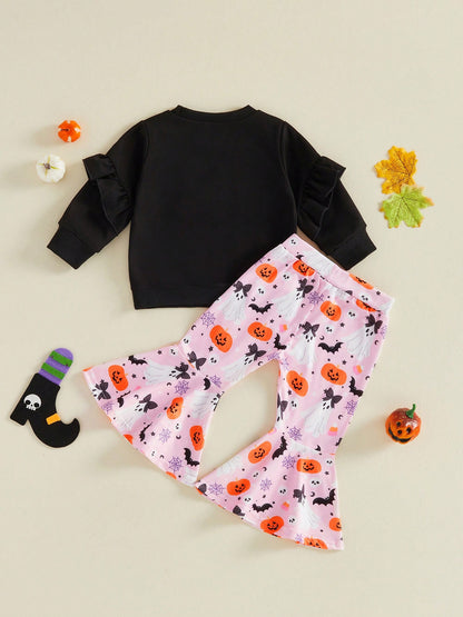 2pcs Toddler Baby Girls Christmas Outfits Pants Set Long Sleeve Sweatshirt Tops + Flare Trousers 9M 12M 18M 24M 3T 4T Kids Fall Casual Clothes
