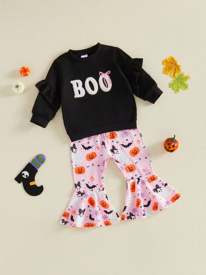 2pcs Toddler Baby Girls Christmas Outfits Pants Set Long Sleeve Sweatshirt Tops + Flare Trousers 9M 12M 18M 24M 3T 4T Kids Fall Casual Clothes