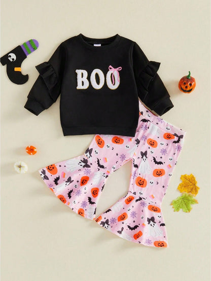2pcs Toddler Baby Girls Christmas Outfits Pants Set Long Sleeve Sweatshirt Tops + Flare Trousers 9M 12M 18M 24M 3T 4T Kids Fall Casual Clothes
