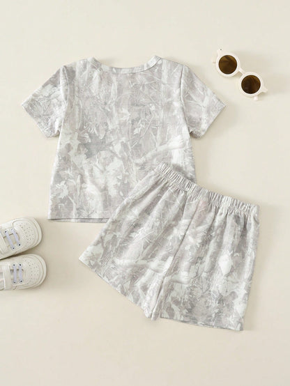 2pcs Toddler Unisex Baby Boy/Girl Casual Cute Grey Camouflage Short Sleeve T-Shirt And Shorts Set,Boy Outfit Sets,Summer Clothes,Streetwear