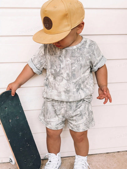 2pcs Toddler Unisex Baby Boy/Girl Casual Cute Grey Camouflage Short Sleeve T-Shirt And Shorts Set,Boy Outfit Sets,Summer Clothes,Streetwear