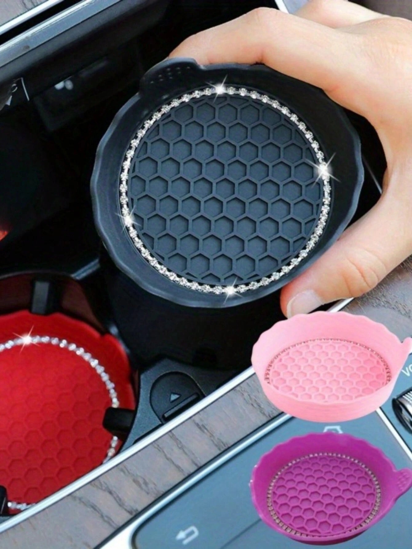 2Pcs Universal Non-Slip Water Cup Pad Car Coaster Rhinestone Rhinestone Bling Decoration Anti-Skid Rubber Cup Bottle Mat Car Interior Accessories