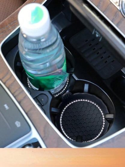 2Pcs Universal Non-Slip Water Cup Pad Car Coaster Rhinestone Rhinestone Bling Decoration Anti-Skid Rubber Cup Bottle Mat Car Interior Accessories