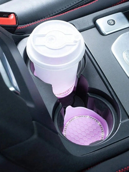 2Pcs Universal Non-Slip Water Cup Pad Car Coaster Rhinestone Rhinestone Bling Decoration Anti-Skid Rubber Cup Bottle Mat Car Interior Accessories