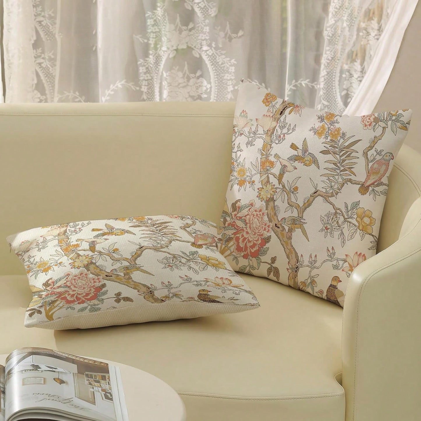2pcs Vintage Brown Floral Print Throw Pillow Covers, Retro Sketch Floral Branch Pattern Cushion Covers, French Country Farmhouse Style Sofa Bedroom Decorative Pillowcases, Pillow Insert Not Included