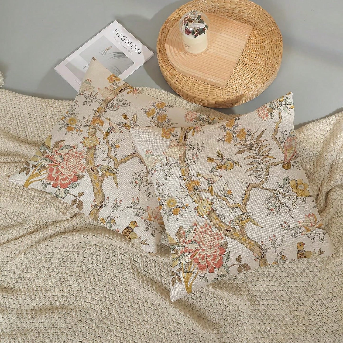2pcs Vintage Brown Floral Print Throw Pillow Covers, Retro Sketch Floral Branch Pattern Cushion Covers, French Country Farmhouse Style Sofa Bedroom Decorative Pillowcases, Pillow Insert Not Included