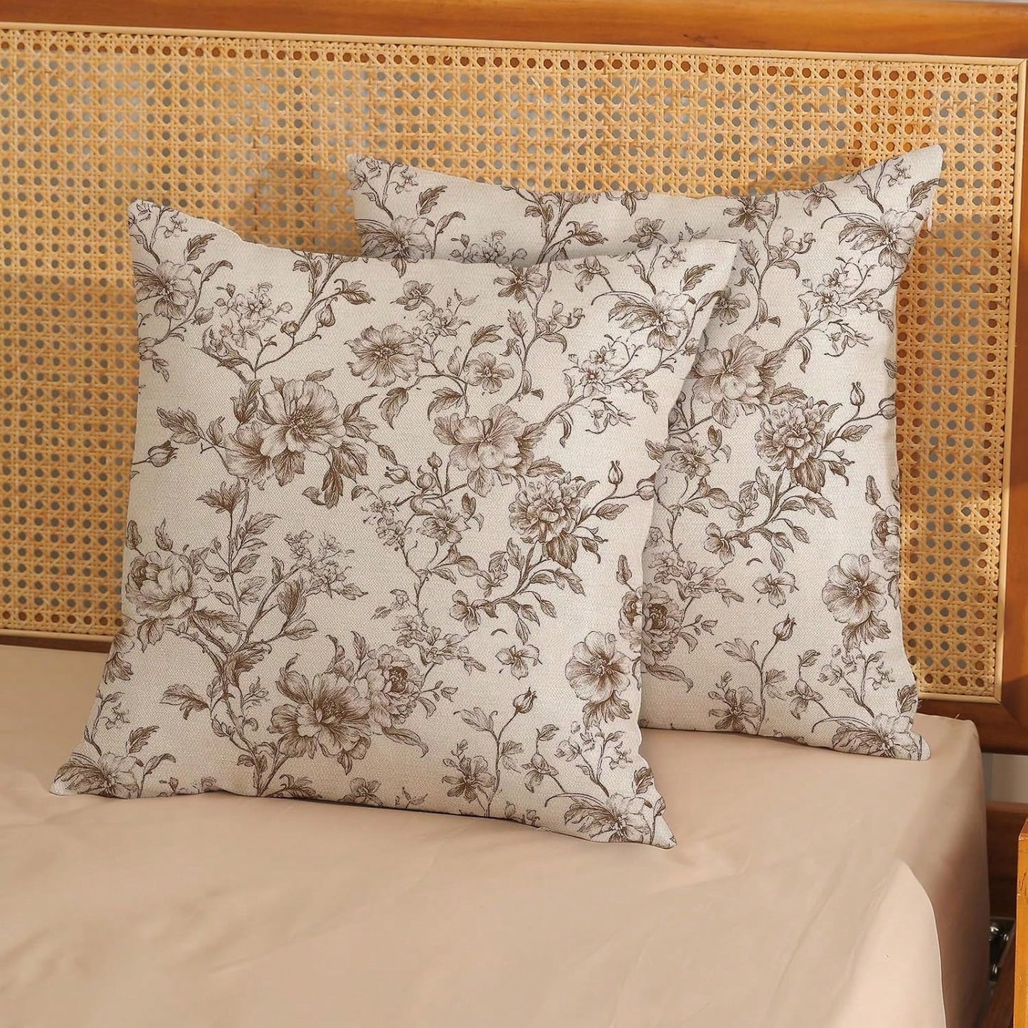 2pcs Vintage Brown Floral Print Throw Pillow Covers, Retro Sketch Floral Branch Pattern Cushion Covers, French Country Farmhouse Style Sofa Bedroom Decorative Pillowcases, Pillow Insert Not Included