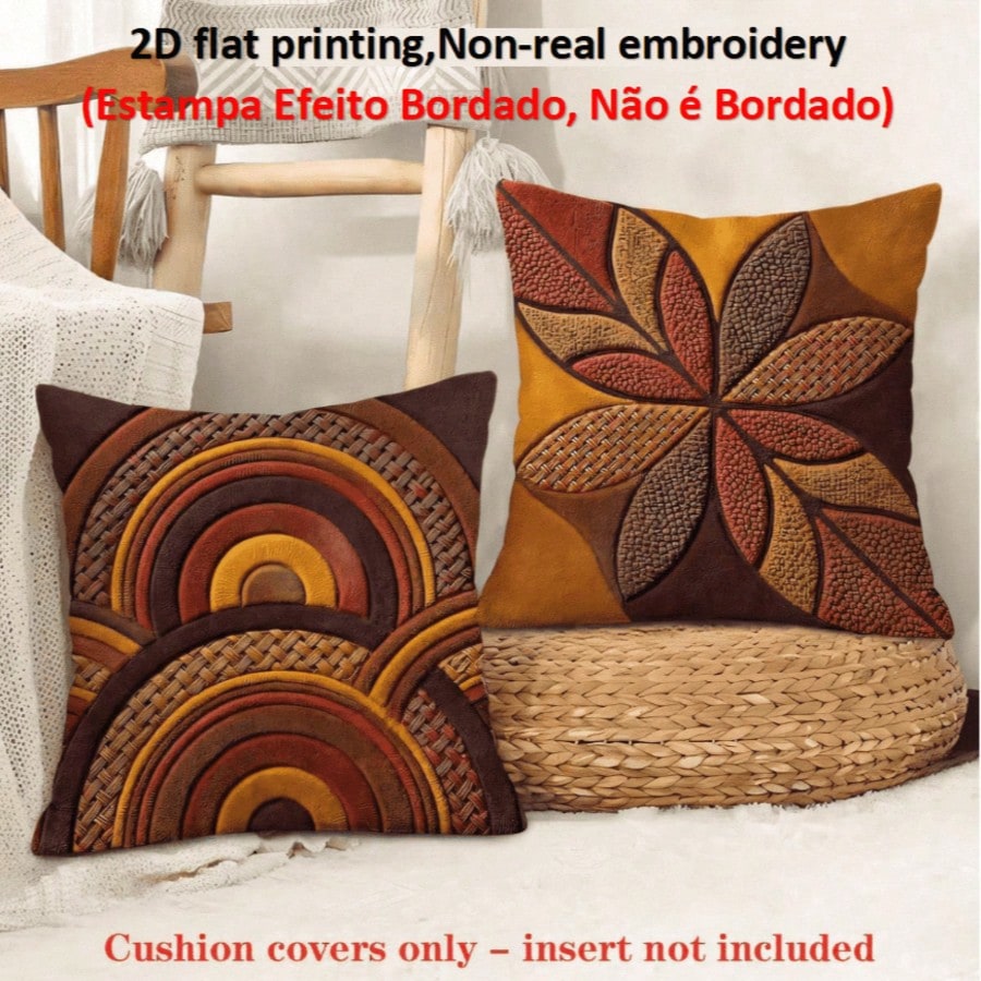 2pcs Vintage Geometric Floral Leaf Pillow Covers, Brown Tone Geometric Floral Leaf Print Pattern, Single-Sided 2D Flat Printing, Not 3D Realistic Woven Effect, 45*45cm (18*18in), Soft Comfortable Poly