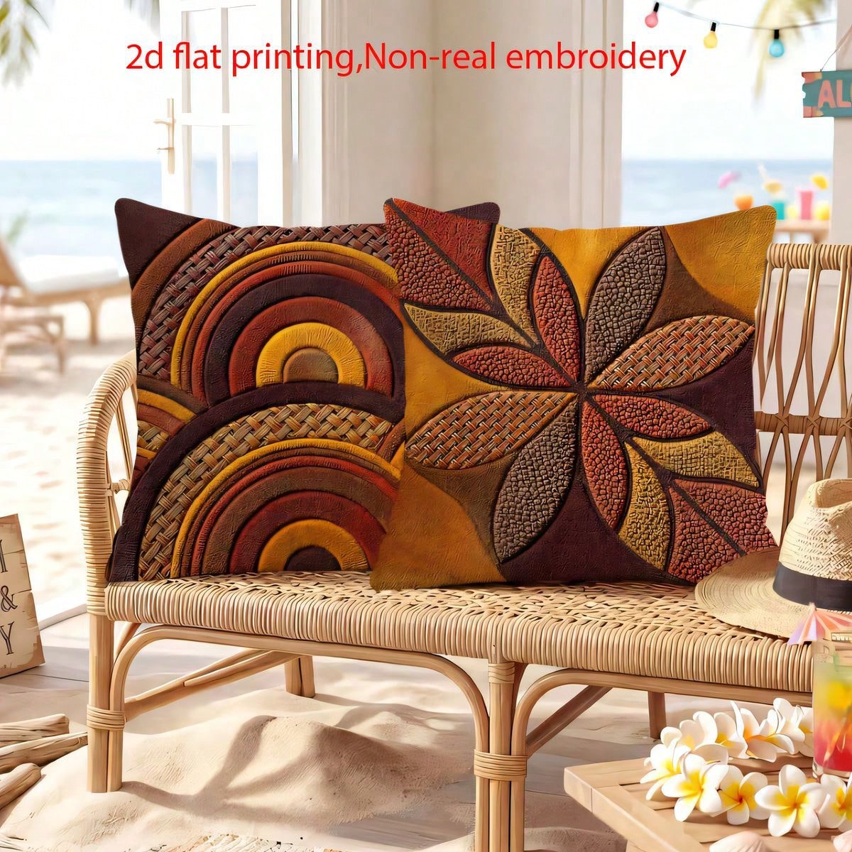 2pcs Vintage Geometric Floral Leaf Pillow Covers, Brown Tone Geometric Floral Leaf Print Pattern, Single-Sided 2D Flat Printing, Not 3D Realistic Woven Effect, 45*45cm (18*18in), Soft Comfortable Poly