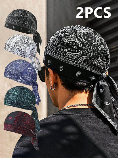 2Pcs Vintage Paisley Print Bandana Durag, Soft Breathable Tie Head Wrap, Hip Hop Streetwear Head Scarf For Men Cycling Skate Daily Outfit