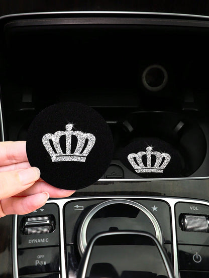 2pcs Waterproof Rubber Bling Crown Sparkling Car Coaster Cup Holder Non-Slip Mat Car Accessories