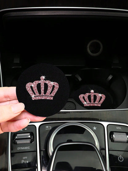 2pcs Waterproof Rubber Bling Crown Sparkling Car Coaster Cup Holder Non-Slip Mat Car Accessories