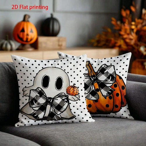 2pcs White Background Polka Dot Ghost Pumpkin Print Halloween Decorative Pillow Covers, American Country Style Bedroom Decor| Living Room Decor| Room Decor, Polyester Square Single-Sided Print Cushi