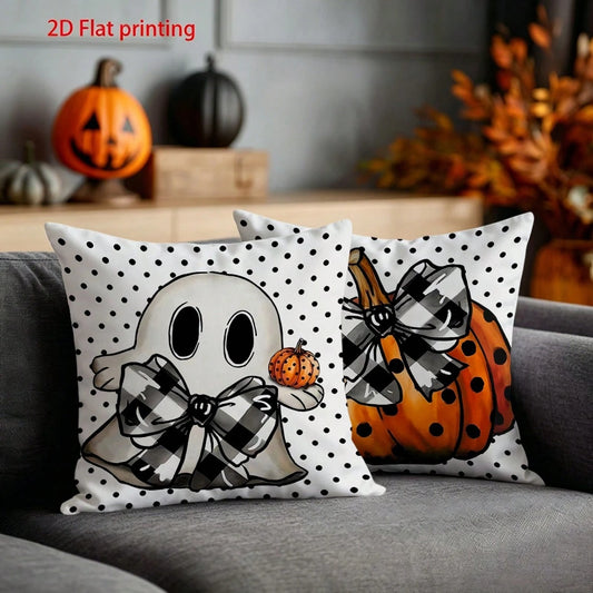 2pcs White Background Polka Dot Ghost Pumpkin Print Halloween Decorative Pillow Covers, American Country Style Bedroom Decor| Living Room Decor| Room Decor, Polyester Square Single-Sided Print Cushi