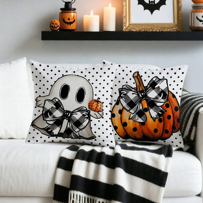 2pcs White Background Polka Dot Ghost Pumpkin Print Halloween Decorative Pillow Covers, American Country Style Bedroom Decor| Living Room Decor| Room Decor, Polyester Square Single-Sided Print Cushi