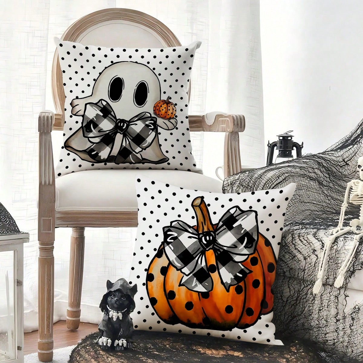 2pcs White Background Polka Dot Ghost Pumpkin Print Halloween Decorative Pillow Covers, American Country Style Bedroom Decor| Living Room Decor| Room Decor, Polyester Square Single-Sided Print Cushi