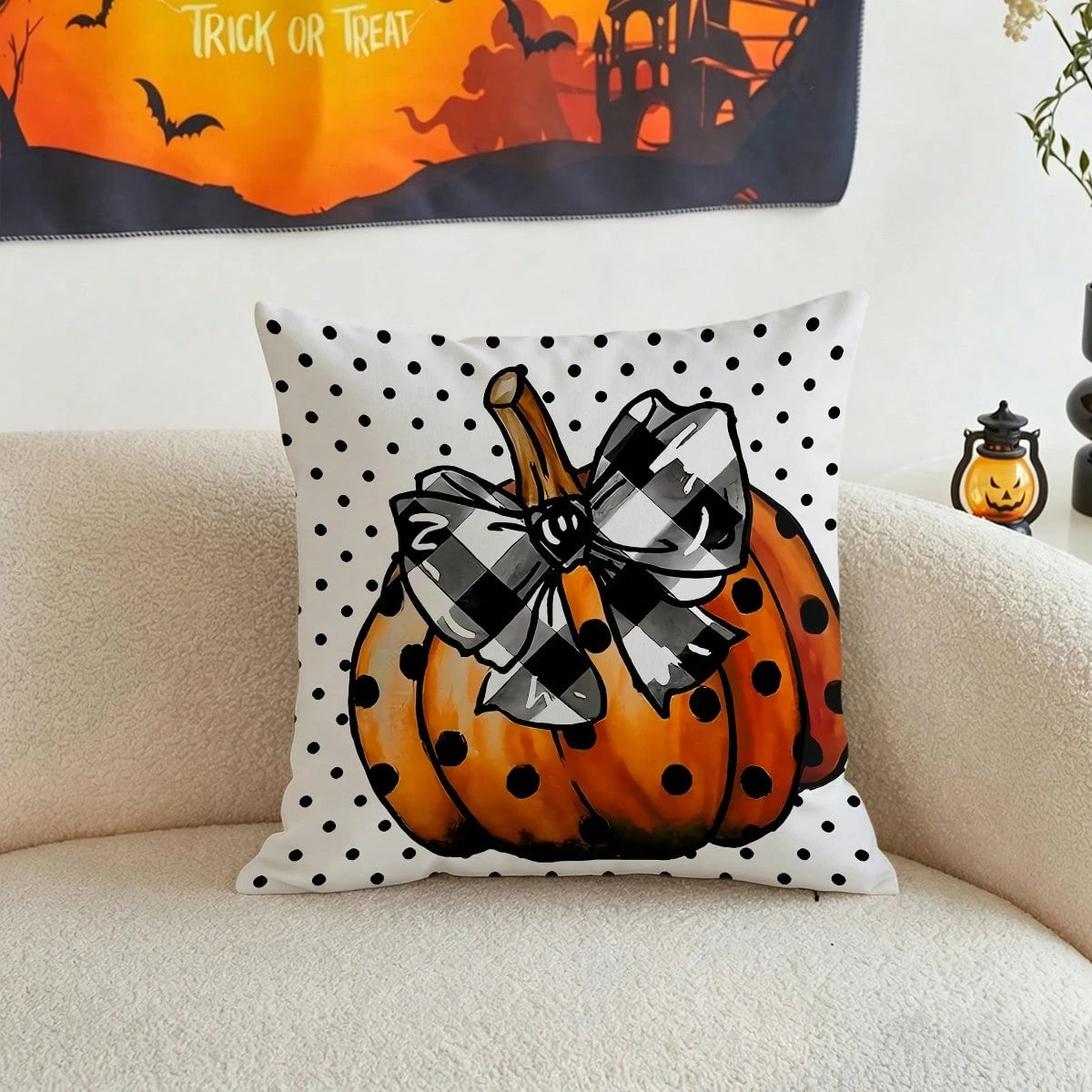 2pcs White Background Polka Dot Ghost Pumpkin Print Halloween Decorative Pillow Covers, American Country Style Bedroom Decor| Living Room Decor| Room Decor, Polyester Square Single-Sided Print Cushi
