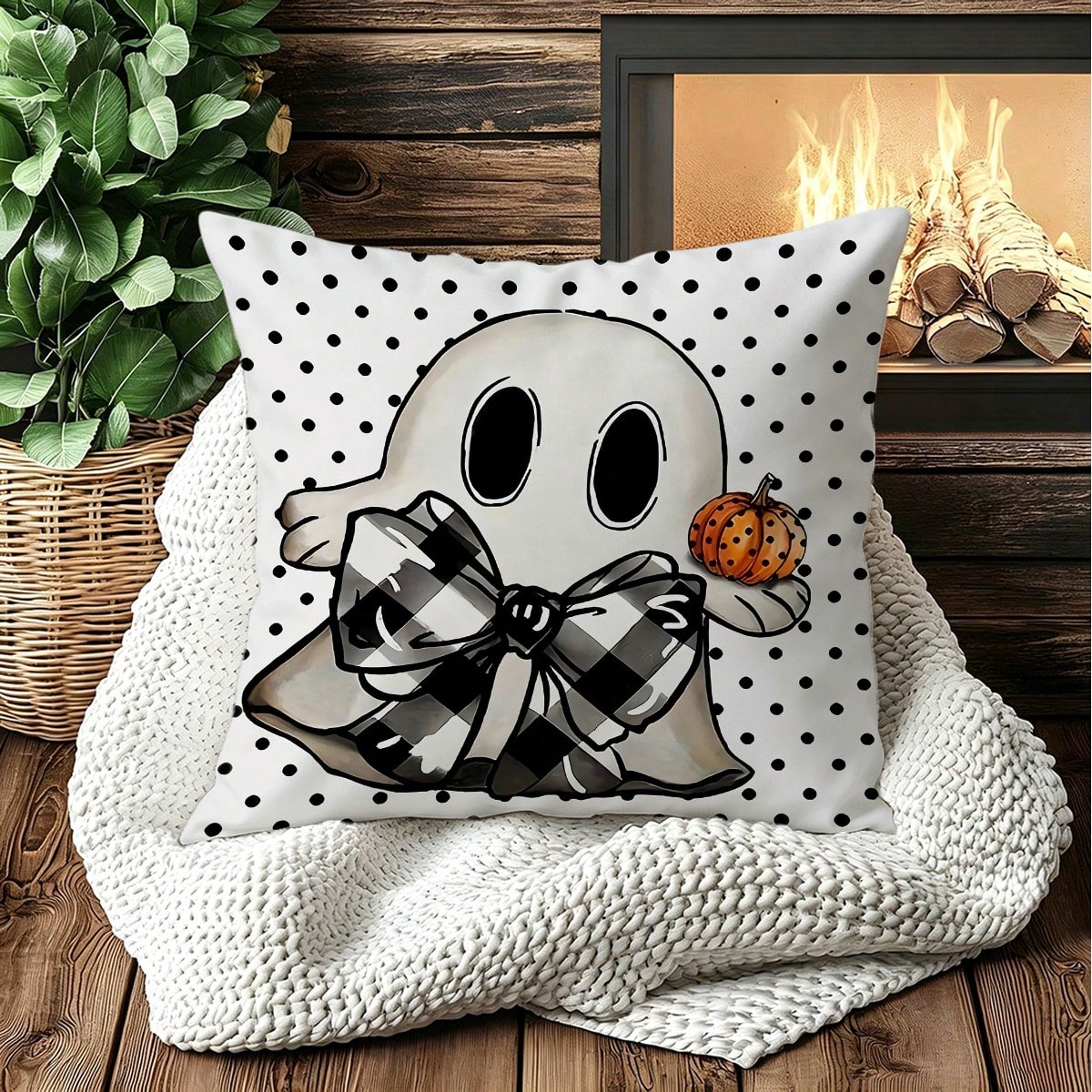 2pcs White Background Polka Dot Ghost Pumpkin Print Halloween Decorative Pillow Covers, American Country Style Bedroom Decor| Living Room Decor| Room Decor, Polyester Square Single-Sided Print Cushi