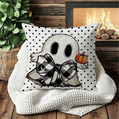 2pcs White Background Polka Dot Ghost Pumpkin Print Halloween Decorative Pillow Covers, American Country Style Bedroom Decor| Living Room Decor| Room Decor, Polyester Square Single-Sided Print Cushi