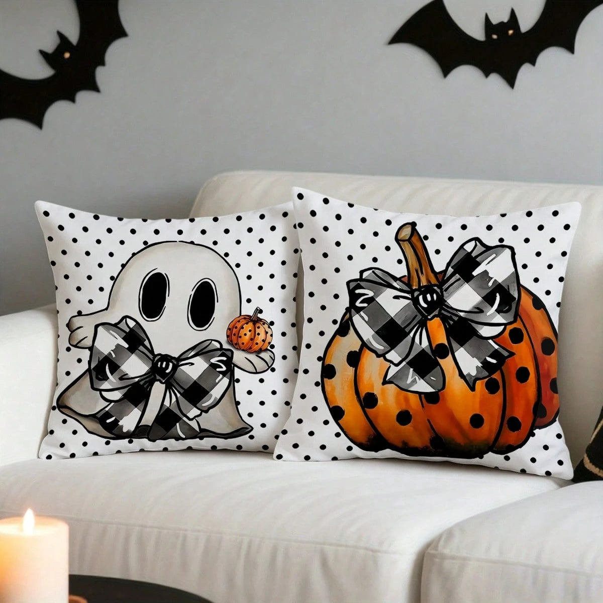 2pcs White Background Polka Dot Ghost Pumpkin Print Halloween Decorative Pillow Covers, American Country Style Bedroom Decor| Living Room Decor| Room Decor, Polyester Square Single-Sided Print Cushi